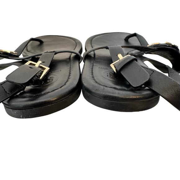 Tory Burch Bryce Flat Thong Sandals black leather gold-tone double-T logo emblem - Picture 5 of 8